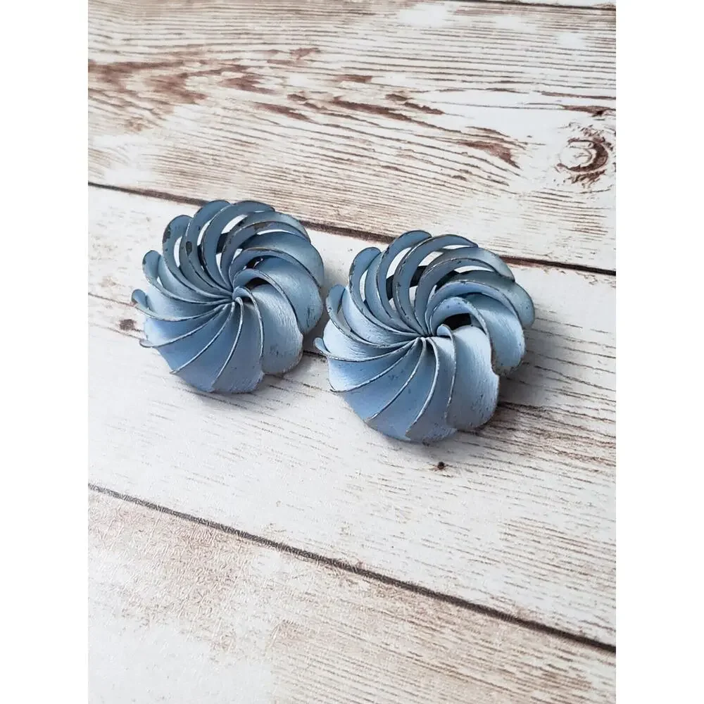 Vintage Clip On Earrings - Large Light Blue Metal Statement Earrings 1 & 3/8